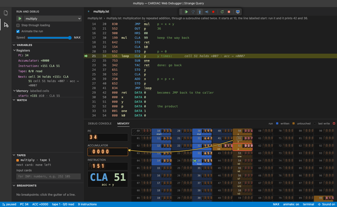 The CARDIAC debugger stepping a multiply program: the listing, the 100 memory cells and the accumulator.