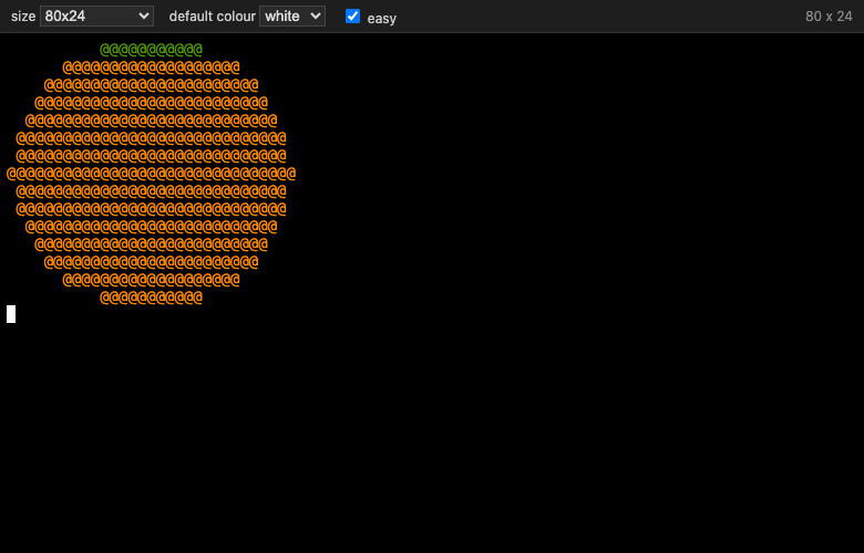 A CARDIAC program running in the debugger's terminal: a pumpkin drawn in orange and green characters.