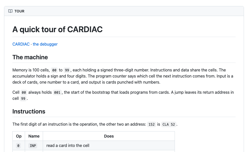 The first page of the quick tour of CARDIAC.
